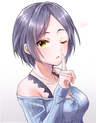  bare_shoulders black_bra black_hair blue_shirt bra bra_strap breasts chii_(sbshop) cleavage collarbone dot_nose female from_side hand_up hayami_kanade heart highres idolmaster idolmaster_cinderella_girls idolmaster_cinderella_girls_starlight_stage index_finger_raised jewelry long_sleeves looking_at_viewer medium_breasts necklace off-shoulder_shirt off_shoulder one_eye_closed open_mouth parted_bangs pink_nails shirt short_hair simple_background solo striped_clothes striped_shirt underwear upper_body white_background yellow_eyes 