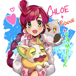  :d blush braid braided_ponytail character_name chloe_(pokemon) collarbone commentary eyelashes female flower green_eyes hair_flower hair_ornament heart holding holding_pokemon kash-phia long_hair long_sleeves looking_at_viewer open_mouth overalls pidove pink_flower pokemon pokemon_(anime) pokemon_(creature) pokemon_journeys purple_hair smile yamper 