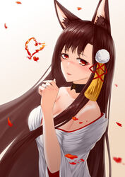  absurdres akagi_(azur_lane) akagi_(deep_crimson_poppy)_(azur_lane) animal_ears azur_lane bare_shoulders black_hair blush breasts chinese_commentary cleavage collarbone commentary_request eyes_visible_through_hair eyeshadow female fire fox_ears from_side gradient_background hair_ornament head_tilt heart highres ichikushi_mojibake japanese_clothes kimono long_hair looking_at_viewer looking_away makeup official_alternate_costume parted_lips red_eyes sidelocks solo uchikake white_background white_kimono wide_sleeves wind 