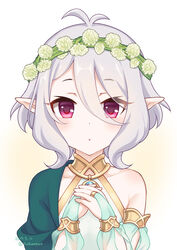  :o antenna_hair bad_id bad_pixiv_id bare_shoulders blush bridal_gauntlets clover_(flower) collarbone commentary_request dated detached_sleeves dress elf female flower flower_wreath fuusha green_sleeves grey_hair hair_between_eyes hands_up head_wreath kokkoro_(princess_connect!) long_sleeves own_hands_together parted_lips pointy_ears princess_connect! puffy_long_sleeves puffy_sleeves red_eyes see-through see-through_sleeves short_hair sleeveless sleeveless_dress solo twitter_username upper_body white_dress white_flower 