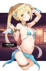  arm_up armband bare_shoulders bikini bikini_skirt blonde_hair blurry blurry_background blush bracelet breasts commentary_request dancer feathered_wings female gem high_ponytail highres indoors jewelry long_hair looking_at_viewer navel necklace nervous_sweating open_mouth small_breasts star_(symbol) starlight_i sweat swimsuit tassel thigh_strap translated unizou viprpg window wings yellow_eyes 