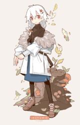  adjusting_clothes ankle_boots antenna_hair autumn autumn_leaves beige_background belt black_belt black_leggings black_sweater blue_skirt blush boots braid branch brown_footwear character_name closed_mouth clothes_down coat commentary english_commentary english_text falling_leaves female food-themed_hair_ornament full_body fur-trimmed_coat fur_trim hair_between_eyes hair_ornament hair_over_shoulder hairclip hand_up high-waist_skirt leaf leggings legs_apart long_hair long_sleeves looking_at_viewer low_twintails medium_skirt melanbread mushroom mushroom_hair_ornament no_nose open_clothes open_coat original outdoors outstretched_arm patch plant_roots puffy_long_sleeves puffy_sleeves red_eyes shirt_tucked_in shoelaces skirt sleeve_cuffs smile snail solo standing sweater tareme taro_(melanbread) tree_stump turtleneck turtleneck_sweater twin_braids twintails white_coat white_hair 