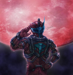  1boy armor asymmetrical_horns black_horns blood_stalk blue_eyes blue_horns catchphrase cobra_(animal) cowboy_shot dark_background english_text fingers_together glowing hand_on_own_hip highres horns huujyu jumpsuit kamen_rider kamen_rider_build_(series) looking_at_viewer male_focus moon night night_sky red_armor red_moon signature single_horn sky tokusatsu vest visor 