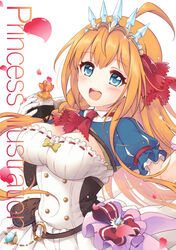  :d ahoge ascot bad_id bad_pixiv_id blue_eyes blush bow breasts cleavage commentary_request cover cover_page female food fuusha gloves hair_ribbon holding holding_food long_hair looking_at_viewer medium_breasts o-ring open_mouth orange_hair pecorine_(princess_connect!) petals pleated_skirt princess_connect! puffy_short_sleeves puffy_sleeves red_ascot red_ribbon ribbon round_teeth short_sleeves shrug_(clothing) simple_background skirt smile solo teeth tiara upper_teeth_only very_long_hair white_background white_gloves white_skirt yellow_bow 