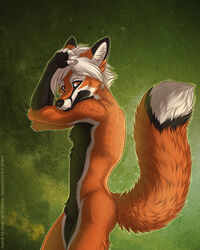  2019 4:5 anthro aryte black_body black_fur black_nose canid canine digital_media_(artwork) fox fur green_background hair male mammal orange_body orange_eyes orange_fur shinigamigirl simple_background solo white_hair 