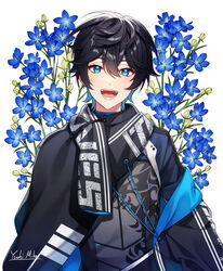  1boy axia_krone axia_krone_(1st_costume) black_hair black_scarf blue_eyes blue_flower blue_hair flower hair_between_eyes highres larkspur_(flower) long_sleeves male_focus multicolored_hair nijisanji open_mouth scarf short_hair signature smile solo two-tone_hair virtual_youtuber white_background yuuhi_mika 