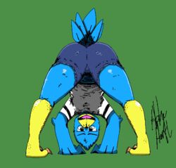  2019 2_toes 3_fingers all_fours anthro ass ass_up avian avian_feet beak berdly bird blue_body blue_feathers bottomwear bulge butt_focus clothed clothing crazybluedog.exe_(artist) deltarune eyewear feathers feet fingers fully_clothed glasses green_background half-closed_eyes looking_at_viewer looking_through looking_through_legs male narrowed_eyes open_mouth pose shirt shorts signature simple_background solo tail tail_feathers talons toes tongue topwear undertale_(series) 