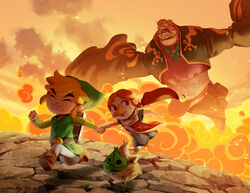  1other 2boys beak beard black_dress blonde_hair boots brown_footwear brown_hair chasing clenched_hand clenched_teeth closed_eyes cloud cloudy_sky commentary dress english_commentary facial_hair female fleeing ganondorf gerudo green_headwear green_shirt hat highres holding_hands korok link long_hair long_sleeves makar medli multiple_boys niko_geyer open_mouth outdoors pointy_ears red_eyes red_hair red_tabard rito running shadow shirt short_hair sky smoke tabard teeth the_legend_of_zelda the_legend_of_zelda:_the_wind_waker thick_eyebrows toon_link tunic 