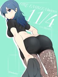  aqua_background ass black_shirt black_shorts blue_eyes blue_hair brown_pantyhose byleth_(female)_(fire_emblem) byleth_(fire_emblem) cape capelet_removed commentary_request copyright_name crop_top cropped_shirt dated expressionless female fire_emblem fire_emblem:_three_houses fishnet_pantyhose fishnets floral_print from_behind green_background holding holding_cape holding_clothes ijiro_suika lace-trimmed_legwear lace_trim looking_at_viewer looking_back medium_hair midriff pantyhose pantyhose_under_shorts patterned patterned_legwear print_pantyhose shirt short_shorts shorts simple_background solo teacher unworn_cape unworn_cloak 