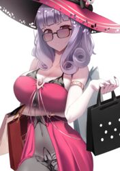  absurdres bag bare_shoulders blush breasts carmilla_(fate) carmilla_(swimsuit_rider)_(fate) carmilla_(swimsuit_rider)_(first_ascension)_(fate) cleavage collarbone covered_navel curly_hair dress fate/grand_order fate_(series) female hat highres laan_(0110) large_breasts long_hair looking_at_viewer open_mouth pink_dress pink_headwear shopping_bag simple_background sun_hat sunglasses white_background white_hair yellow_eyes 