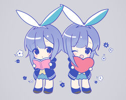  2girls :o ;d black_eyes black_jacket black_legwear blue_skirt blush_stickers book brown_footwear chibi commentary_request dual_persona floral_background grey_background grey_hair hair_ribbon heart holding holding_book holding_heart hood hood_down hooded_jacket jacket long_sleeves miyoshino monokaki_aer multiple_girls one_eye_closed open_book open_clothes open_jacket open_mouth parted_lips pleated_skirt re_aer ribbon sidelocks simple_background skirt smile socks standing virtual_youtuber white_ribbon 