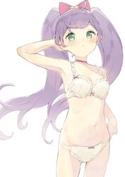  arm_up blush bow bra breasts choker cleavage eyelashes female green_eyes hairbow highres hyakumangoku_masurao long_hair looking_at_viewer manaka_laala panties parted_lips pink_choker pretty_series pripara purple_hair simple_background small_breasts solo underwear underwear_only very_long_hair white_bra white_panties 