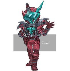  1boy armor blood_stalk blue_eyes blue_horns boots catchphrase chibi cobra_(animal) cowboy_shot english_text gloves hand_on_own_hip horns jumpsuit kamen_rider kamen_rider_build_(series) looking_at_viewer male_focus red_armor red_footwear red_gloves single_horn unizo_(kukk) vest wire 