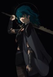  black_background blue_hair breasts byleth_(female)_(fire_emblem) byleth_(fire_emblem) cape commentary_request cowboy_shot female fire_emblem fire_emblem:_three_houses from_side green_eyes highres large_breasts looking_at_viewer medium_hair pantyhose roru_(lol_dessin) signature solo sword_of_the_creator vambraces weapon 