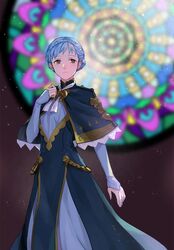  blue_hair braid brown_eyes capelet closed_mouth commentary crown_braid dress female fire_emblem fire_emblem:_three_houses long_sleeves marianne_von_edmund mikami solo stained_glass 