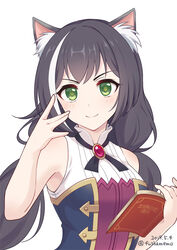  &gt;:) animal_ear_fluff animal_ears bad_id bad_pixiv_id bare_arms bare_shoulders black_hair black_neckwear blush book breasts cat_ears cat_girl closed_mouth commentary_request dated female fuusha green_eyes hands_up holding holding_book karyl_(princess_connect!) long_hair looking_at_viewer low_twintails medium_breasts multicolored_hair open_book princess_connect! shirt simple_background sleeveless sleeveless_shirt smile solo split_mouth streaked_hair twintails twitter_username upper_body v-shaped_eyebrows white_background white_hair white_shirt 