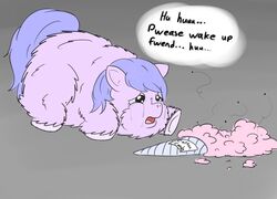  ambiguous_gender bodily_fluids buwwito candy cotton_candy crying dessert dialogue english_text feral flies_for_smell fluffy_pony fluffy_pony_(species) food fur hair mammal pink_body pink_fur purple_hair simple_background solo tears text 