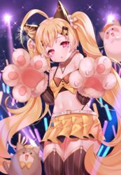  :o ahoge animal animal_ear_fluff animal_ears animal_hands azur_lane bad_id bad_pixiv_id bare_shoulders belt black_legwear blonde_hair breasts cat_ears commentary_request cowboy_shot crop_top eldridge_(azur_lane) eldridge_(kitty_idol)_(azur_lane) facial_mark feline female fur_collar garter_straps gloves glowstick hair_ornament highleg highres jewelry long_hair looking_at_viewer meowfficer_(azur_lane) midriff miniskirt musical_note musical_note_hair_ornament navel necklace parted_lips paw_gloves pink_eyes pleated_skirt reel_(riru) shirt skirt sleeveless sleeveless_shirt small_breasts stage_lights standing stomach striped thighhighs twintails very_long_hair yellow_skirt zettai_ryouiki 