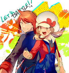  1boy :d bag black_jacket blue_overalls blush brown_eyes brown_hair clenched_hand commentary female grey_eyes handbag hat hat_ribbon jacket kash-phia long_hair long_sleeves lyra_(pokemon) open_mouth orange_hair overalls pokemon pokemon_hgss red_ribbon red_shirt ribbon shirt silver_(pokemon) smile sweatdrop teeth tongue twintails upper_teeth_only white_headwear yellow_bag 