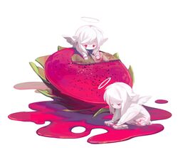  2others albino androgynous angel angel_wings bandaid chibi chinese_commentary cleaning commentary dragon_fruit food food_on_face halo harrymiao highres juice long_sleeves multiple_others original outstretched_arms oversized_food oversized_object pale_skin rag red_eyes seiza sidelocks simple_background sitting white_background white_hair white_wings wings 