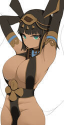  absurdres animal_ears aqua_eyes armpits arms_up black_gloves black_hair blunt_bangs breasts cleavage commission cowboy_shot dark-skinned_female dark_skin egyptian egyptian_clothes egyptian_mythology elbow_gloves female gloves hair_ornament highres large_breasts no_panties original pelvic_curtain revealing_clothes second-party_source set_(mythology) solo tonki unfinished 