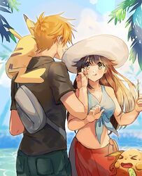  &gt;_&lt; 1boy :q bare_arms blue_oak blue_shirt blush breasts brown_eyes brown_hair candy cleavage closed_mouth collarbone commentary day eyelashes female food food_on_face green_pants hand_up hat highres holding holding_stick kash-phia leaf_(pokemon) lollipop long_hair on_shoulder orange_hair outdoors pants parted_lips pikachu pokemon pokemon_(creature) pokemon_frlg pokemon_on_shoulder pokemon_sm raichu red_skirt shirt short_hair short_sleeves skirt sleeveless sleeveless_shirt smile stick symbol-only_commentary tied_shirt tongue tongue_out water white_headwear 