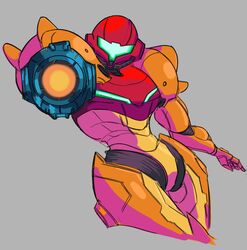  aiming aiming_at_viewer arm_cannon armor assault_visor chef033 commentary english_commentary female green_visor grey_background helmet leaning_back looking_at_viewer metroid power_armor samus_aran science_fiction solo varia_suit weapon 