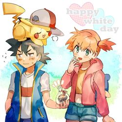  1boy :d baseball_cap black_hair blue_jacket blush brown_eyes buttons closed_mouth clothed_pokemon commentary eyelashes female flying_sweatdrops green_eyes hair_tie hand_up hat holding hood hooded_jacket jacket kash-phia kasumi_(pokemon) long_sleeves looking_away navel notice_lines on_head open_mouth orange_hair pikachu pink_jacket pokemon pokemon_(anime) pokemon_(classic_anime) pokemon_(creature) pokemon_journeys pokemon_on_head satoshi_(pokemon) shirt short_shorts short_sleeves shorts side_ponytail sleeveless sleeveless_jacket smile sweatdrop t-shirt white_day white_shirt yellow_shirt 