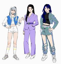  3girls belt black_eyes black_hair blue_hair crop_top cropped_jacket earrings formal green_eyes grey_hair hand_on_own_hip high_heels highres hood jacket jewelry letterman_jacket long_hair midriff multiple_girls navel original pants roru_(lol_dessin) shoes short_shorts shorts sneakers socks stud_earrings torn_clothes torn_pants unbuttoned underwear 