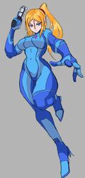  blonde_hair bodysuit breasts chef033 covered_navel female grey_background gun handgun highres holding holding_gun holding_weapon long_hair looking_down medium_breasts metroid narrow_waist open_hand paralyzer ponytail running samus_aran solo v-shaped_eyebrows weapon zero_suit 