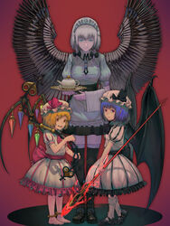  3girls absurdres alternate_costume anklet apron ascot barefoot bat_wings black_ascot black_bow black_footwear black_ribbon black_skirt black_thighhighs blonde_hair blue_eyes blue_ribbon blunt_bangs bobby_socks boots bow braid breasts closed_mouth collared_dress cross-laced_footwear crystal cup dagger dress fake_wings fangs flandre_scarlet full_body googerm grey_hair hand_up hat height_difference highres holding holding_polearm holding_towel holding_tray holding_weapon izayoi_sakuya jewelry kneehighs knife laevatein_(touhou) large_breasts looking_at_viewer maid_headdress mary_janes mob_cap multiple_girls napkin oerba_yun_fang open_mouth photoshop_(medium) pink_ascot pink_bow pink_ribbon polearm puffy_short_sleeves puffy_sleeves purple_hair red_background red_eyes red_ribbon remilia_scarlet ribbon sash shoes short_hair short_sleeves siblings sidelocks sisters skirt small_breasts smirk socks spear spear_the_gungnir spread_wings standing style_request teapot teeth thighhighs touhou towel tray twin_braids waist_apron weapon white_dress white_legwear wing_collar wings zettai_ryouiki 