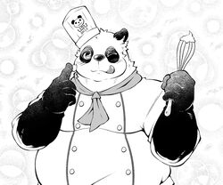  2021 6:5 anthro bear blush chef_hat chef_uniform clothed clothing cooking giant_panda hat headgear headwear humanoid_hands kemono male mammal monochrome one_eye_closed overweight overweight_male pomupomu490 solo tongue tongue_out 