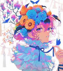  akiakane blue_butterfly bug butterfly choker close-up commentary_request female flower frilled_choker frills hair_flower hair_ornament highres looking_back original pink_eyes pink_hair short_hair solo 