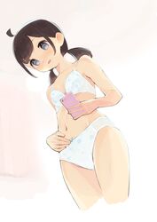  absurdres ahoge black_hair blush bra breasts cellphone cropped_legs female from_below grey_eyes highres holding holding_phone hyakumangoku_masurao low_twintails original panties phone simple_background small_breasts smartphone solo twintails underwear underwear_only white_bra white_panties 