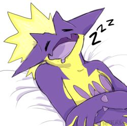  2019 ambiguous_gender amped_toxtricity anthro artist bodily_fluids closed_eyes drooling generation_8_pokemon hi_res nintendo open_mouth pillow pokemon pokemon_(species) purple_body purple_tongue reptile saliva scalie sleep_fetish sleeping snoring solo sound_effects tongue toxtricity unknown_artist vowelless vowelless_sound_effect zzz 