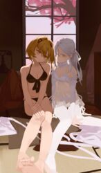  2girls absurdres alchemy_stars bare_arms bare_legs bare_shoulders barefoot bikini black_bikini blonde_hair bra breasts carleen_(alchemy_stars) carleen_(fluffy_serendepity)_(alchemy_stars) chemise chodici cleavage closed_mouth corded_phone detached_sleeves feet foot_out_of_frame garter_belt hair_intakes hair_ornament halterneck highres indoors legs lingerie long_hair looking_at_viewer multiple_girls navel panties phone short_hair sitting small_breasts swimsuit thighhighs toenails toes underwear vice_(alchemy_stars) white_bra white_hair white_panties white_thighhighs window yellow_eyes 