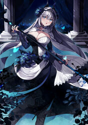  :o absurdres black_dress blue_butterfly blue_eyes blue_nails breasts bridal_gauntlets bug butterfly cape cleavage commentary_request dress fate/grand_order fate_(series) female grey_hair hair_between_eyes hair_ornament highres holding holding_staff holding_weapon large_breasts long_hair looking_at_viewer misaki346 morgan_le_fay_(apex)_(fate) morgan_le_fay_(fate) official_alternate_costume signature solo staff very_long_hair weapon white_cape white_dress 