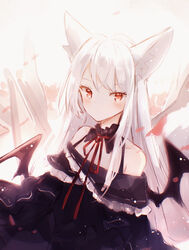  animal_ears bare_shoulders black_dress bloom blush closed_mouth collarbone demon_wings detached_collar dress female flat_chest fox_ears frilled_dress frills highres lolita_fashion long_hair looking_at_viewer miyu_(miy_u1308) neck_ribbon off-shoulder_dress off_shoulder original red_eyes red_ribbon ribbon simple_background solo upper_body white_hair wings 