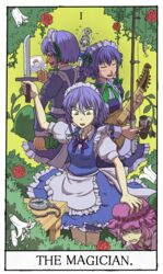  5girls aika_(cookie) animal_ears apron bird_ears blood blue_dress blue_eyes bow braid commentary_request cookie_(touhou) cowboy_shot ddd_(nicoseiga51845241) dress female_pervert fishing_rod flower frilled_apron frills genpatsu_(cookie) green_bow grey_hair hair_between_eyes hairbow hat holding holding_fishing_rod holding_instrument holding_knife holding_photo instrument izayoi_sakuya knife long_sleeves looking_down lyre maid maid_apron maid_headdress medium_hair mob_cap multiple_girls mystia_lorelei nosebleed open_mouth pervert photo_(object) pink_hair pocket_watch puffy_short_sleeves puffy_sleeves red_flower remilia_scarlet roman_numeral rose ryuuga_(cookie) shaded_face short_hair short_sleeves table tarot tarot_(medium) the_magician_(tarot) touhou tsurikichi_obasan twin_braids watch weapon white_flower yellow_eyes yuri yuzuyu_(cookie) 