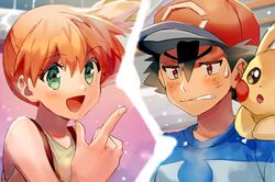  1boy :d baseball_cap black_hair blue_shirt blush brown_eyes clenched_teeth commentary female green_eyes hair_between_eyes hat kash-phia kasumi_(pokemon) open_mouth orange_hair parted_lips pikachu pokemon pokemon_(anime) pokemon_(classic_anime) pokemon_(creature) pokemon_sm_(anime) satoshi_(pokemon) shirt short_hair smile striped_clothes striped_shirt suspenders t-shirt teeth tongue upper_body yellow_shirt 