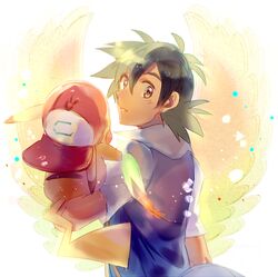  1boy baseball_cap brown_eyes clothed_pokemon commentary green_hair hair_between_eyes hat highres jacket kash-phia looking_at_viewer looking_back male_focus parted_lips pikachu pokemon pokemon_(anime) pokemon_(classic_anime) pokemon_(creature) pokemon_on_arm satoshi_(pokemon) short_sleeves smile upper_body 