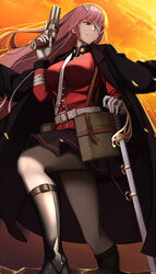  antique_firearm bandage_over_one_eye belt black_coat black_skirt breasts coat coat_on_shoulders commentary_request dydydyok fate/grand_order fate_(series) female florence_nightingale_(fate) florence_nightingale_(third_ascension)_(fate) gloves gun handgun highres holding holding_gun holding_weapon jacket large_breasts long_hair long_sleeves military military_jacket military_uniform miniskirt multiple_barrel_gun pantyhose pepperbox_revolver pink_hair pleated_skirt red_eyes red_jacket scabbard sheath sheathed skirt solo sword uniform weapon white_belt white_gloves white_pantyhose 