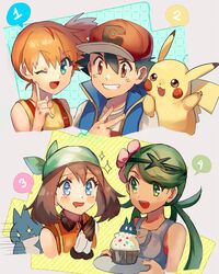  +_+ 1boy 3girls ;d bandana baseball_cap black_hair blue_eyes blue_jacket blush_stickers brown_eyes brown_hair clenched_teeth commentary cupcake drooling eyelashes flower food gloves green_bandana green_eyes green_hair grin hair_between_eyes hair_flower hair_ornament hat highres holding holding_tray index_finger_raised jacket kash-phia kasumi_(pokemon) mallow_(pokemon) may_(pokemon) mouth_drool multiple_girls munchlax on_shoulder one_eye_closed open_mouth orange_hair pikachu pokemon pokemon_(anime) pokemon_(classic_anime) pokemon_(creature) pokemon_dppt_(anime) pokemon_journeys pokemon_on_shoulder pokemon_sm_(anime) satoshi_(pokemon) shirt short_hair sleeveless sleeveless_jacket smile spoken_number suspenders swept_bangs t-shirt teeth tongue tray twintails upper_teeth_only v white_shirt yellow_shirt 