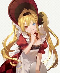  apron black_nails blonde_hair blue_eyes bonnet braid braided_bangs breasts chin_strap cleavage commentary_request cross-laced_clothes dress female finger_to_mouth hair_intakes hairband hand_up harrymiao heterochromia highres holding holding_tray long_hair looking_at_viewer maid_apron original pocket puffy_short_sleeves puffy_sleeves red_dress red_eyes romaji_text short_sleeves single_braid smile solo tray twintails very_long_hair white_apron white_background 