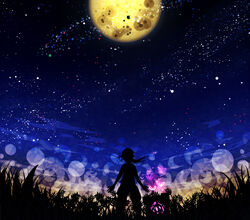  aperture_science_weighted_companion_cube bad_id bad_pixiv_id chell female glowing heart highres horizon long_hair moon night night_sky osari_(hannma-sonngu) personality_core portal_(series) portal_1 portal_2 sky solo spoilers star_(sky) starry_sky wheatley 