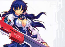  absurdres blue_hair blush bow breasts character_name cleavage cleavage_cutout clothing_cutout dress female fingerless_gloves freezing_(series) gloves hair_ribbon highres juliet_sleeves kim_kwang_hyun large_breasts lips lipstick long_hair long_sleeves looking_at_viewer makeup no_bra official_art parted_lips photoshop_(medium) puffy_long_sleeves puffy_sleeves purple_eyes ribbon scan school_uniform shirt skirt sleeves_past_wrists solo sword tenjouin_ouka turtleneck weapon 