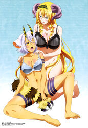  2girls absurdres animal_ears barefoot belphegor_(the_seven_deadly_sins) black_bra blonde_hair blue_bra blue_eyes bottomless bra breasts cleavage demon_girl demon_horns drill_hair feet grey_hair hands_on_another&#039;s_shoulders highres horns huge_breasts lipstick long_hair makeup mammon_(the_seven_deadly_sins) mature_female medium_breasts megami_magazine multiple_girls no_panties official_art one_eye_closed short_hair tattoo teshima_noriko the_seven_deadly_sins underwear yellow_eyes 