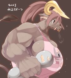  brown_hair bull female furry letsuo muscle muscular_female open_mouth ponytail red_eyes solo 