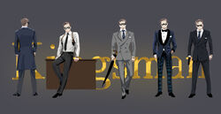  5boys commentary_request desk formal glasses harry_hart jane_mere kingsman:_the_secret_service male_focus multiple_boys multiple_persona photoshop_(medium) suit 