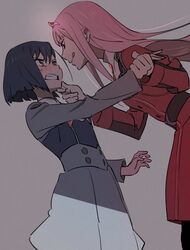  2girls anarchy_ptck aqua_eyes bad_id bad_twitter_id blush clenched_teeth commentary_request darling_in_the_franxx eye_contact finger_to_cheek glaring grabbing_another&#039;s_chin green_eyes half-closed_eyes hand_grab hand_on_another&#039;s_chin ichigo_(darling_in_the_franxx) licking_lips long_hair long_sleeves looking_at_another military military_uniform multiple_girls pantyhose school_uniform short_hair sweatdrop teeth tongue tongue_out uniform yuri zero_two_(darling_in_the_franxx) 